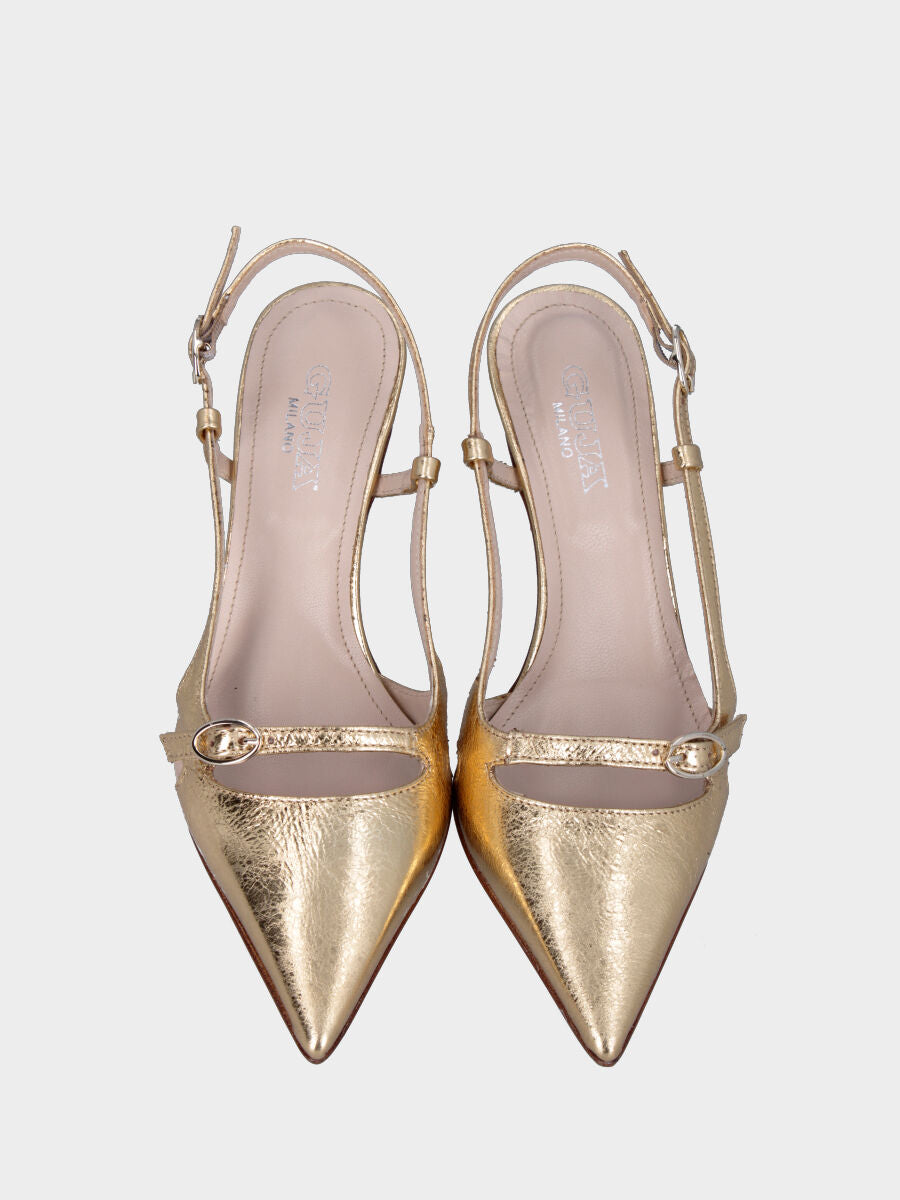 Escarpin slingback en cuir laminé doré à bout pointu avec boucle