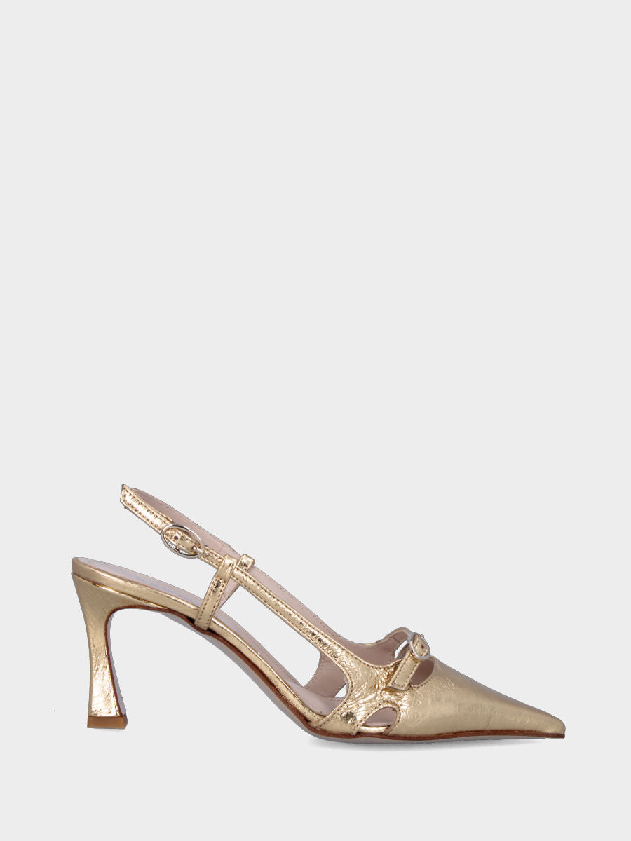 Escarpin slingback en cuir laminé doré à bout pointu avec boucle