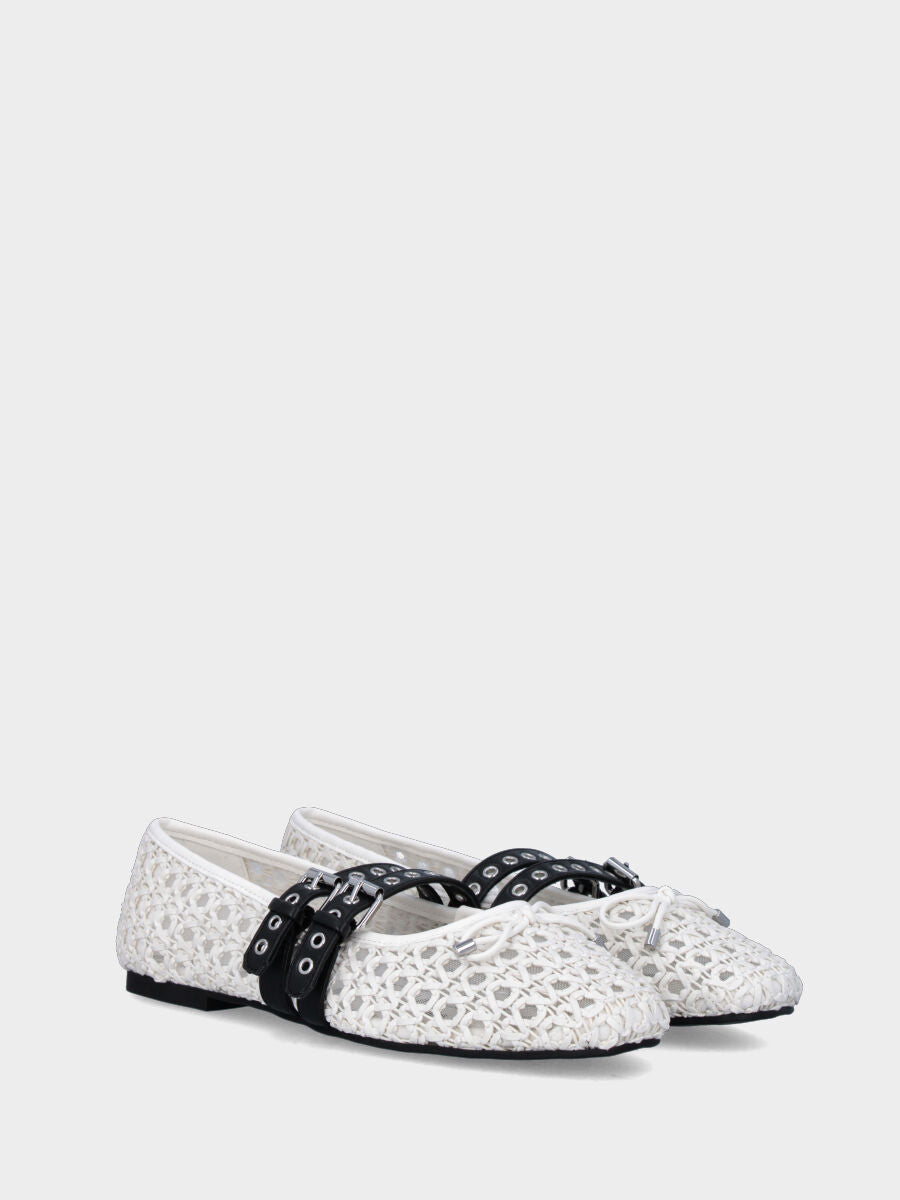 White leather ballet flat with perforated upper and black straps