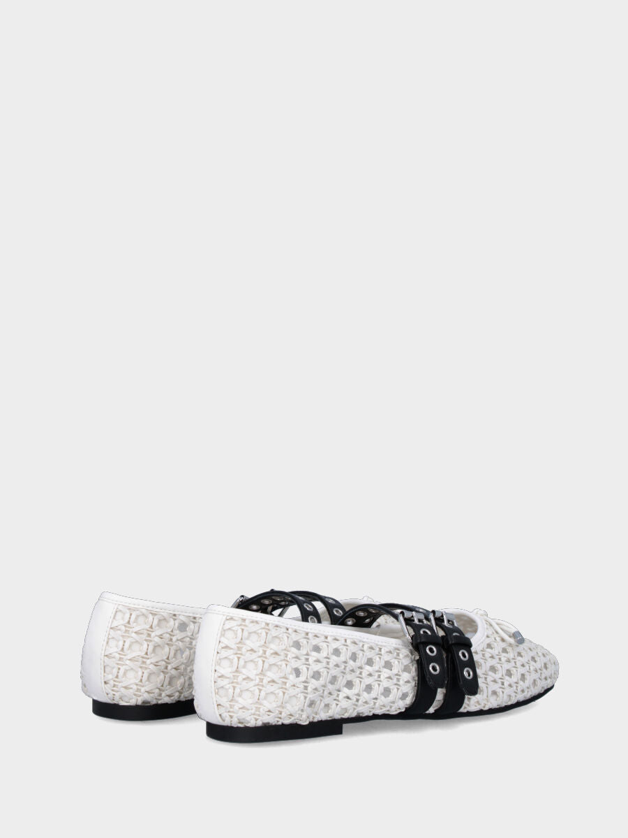 White leather ballet flat with perforated upper and black straps