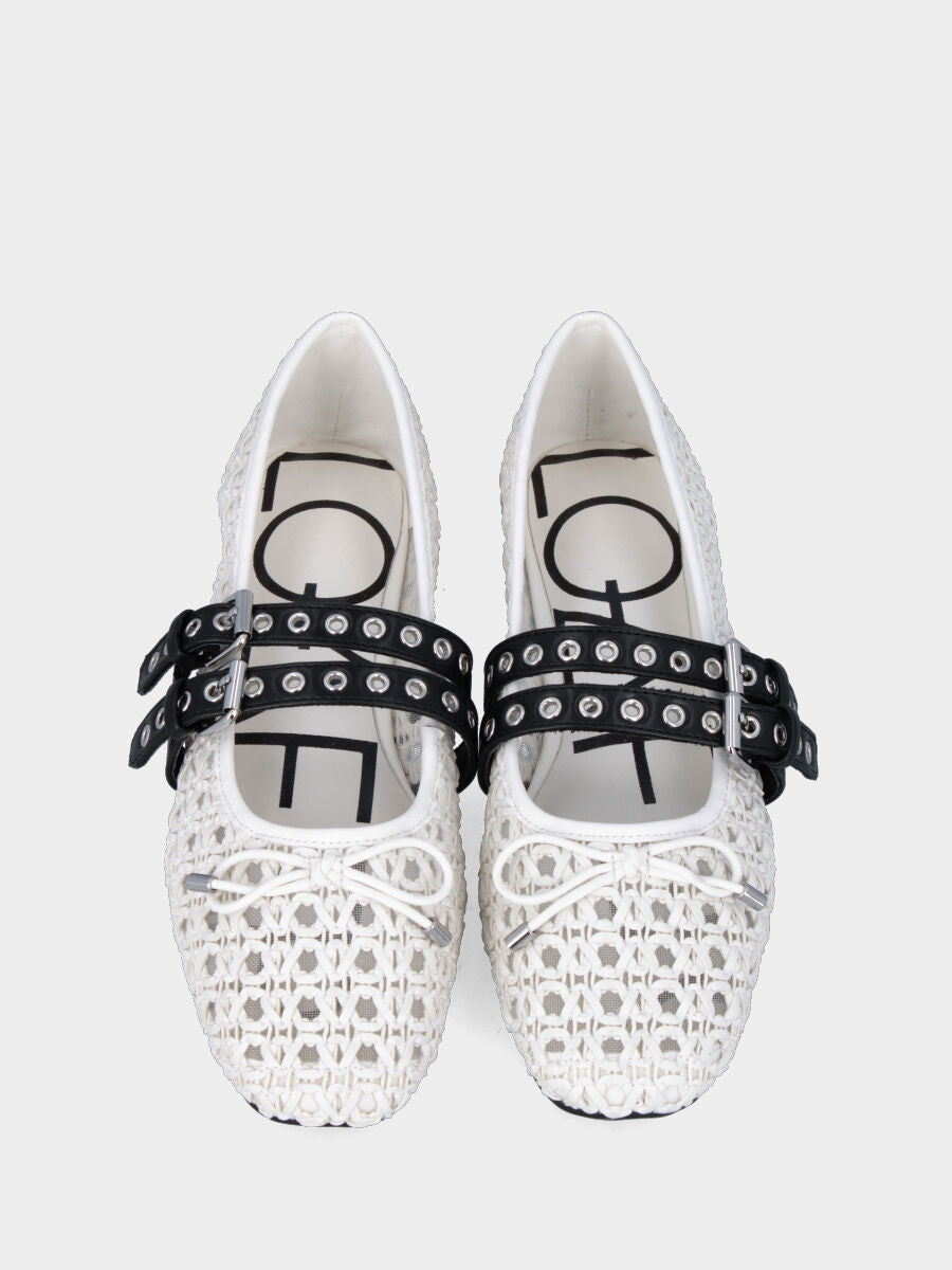 White leather ballet flat with perforated upper and black straps