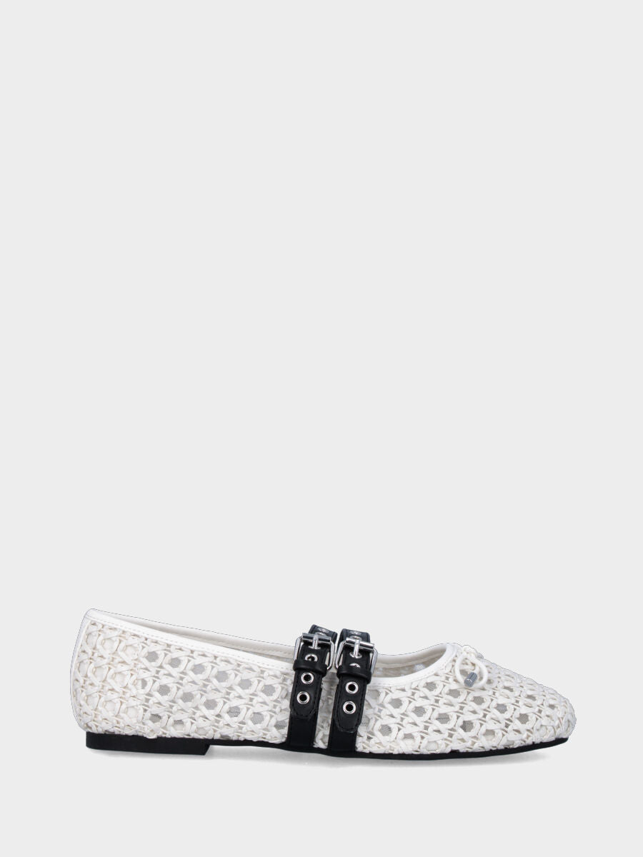 White leather ballet flat with perforated upper and black straps