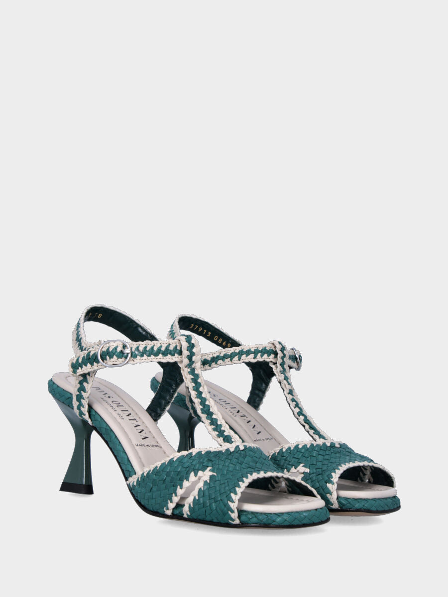 Sandalo bicolore ottanio in pelle intrecciata modello charleston