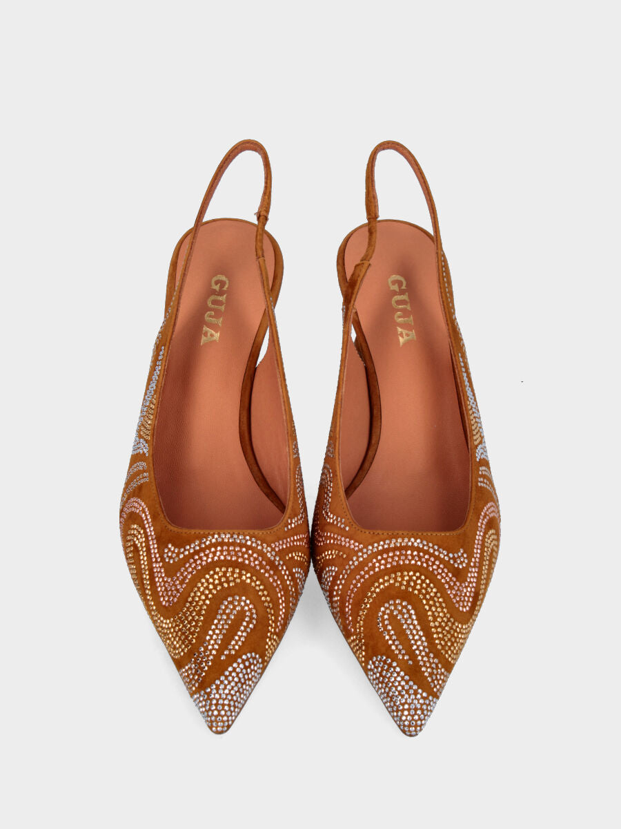 Leather leather slingback with wavy rhinestone inserts