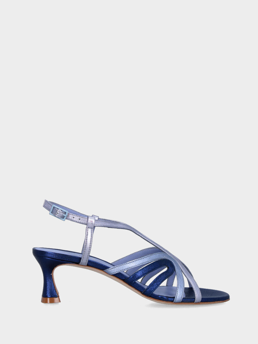 Sandalo blu in pelle laminata con listini colorati