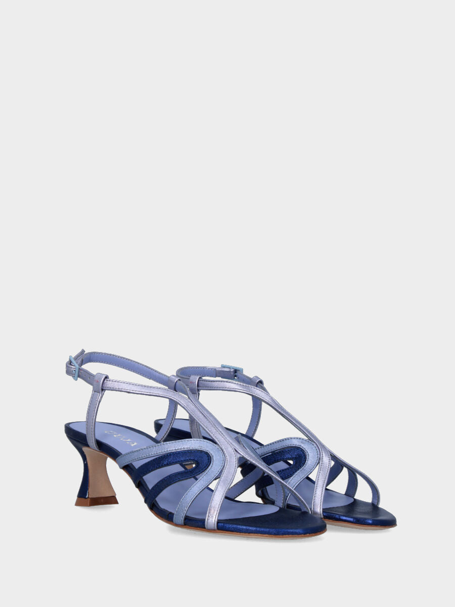 Sandalo blu in pelle laminata con listini colorati