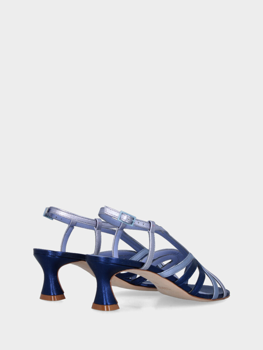 Sandalo blu in pelle laminata con listini colorati