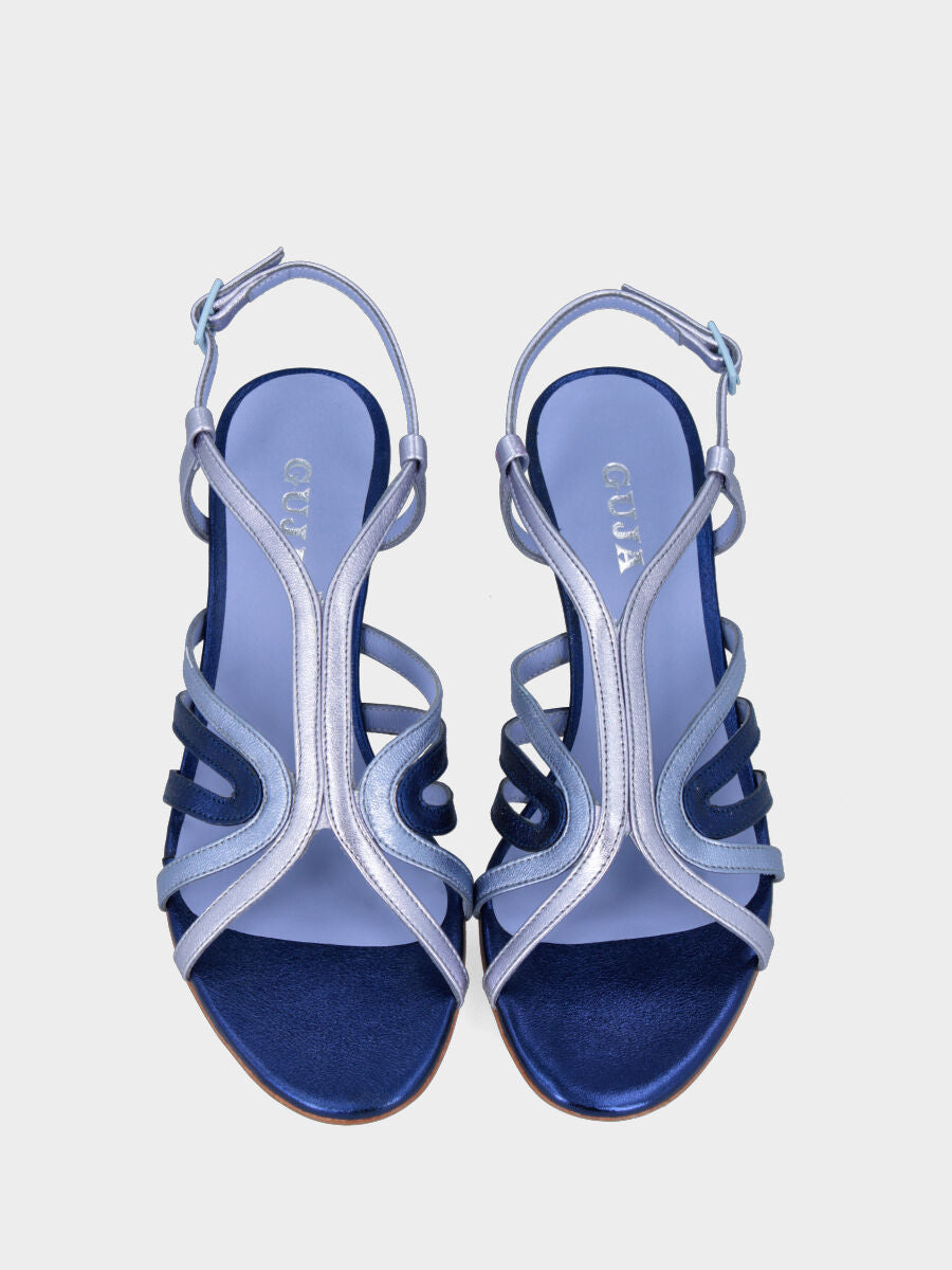 Sandalo blu in pelle laminata con listini colorati
