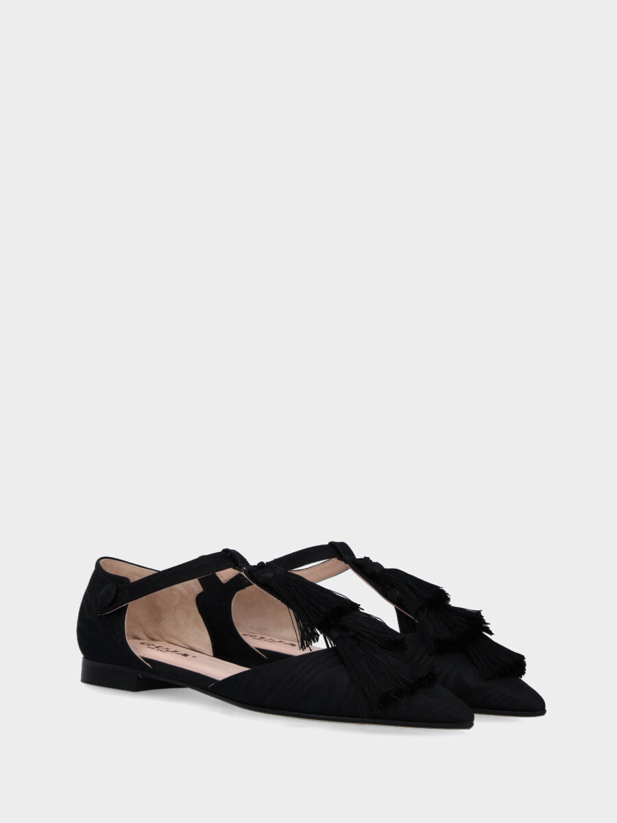 Ballerine noire en tissu shangtung avec pompons