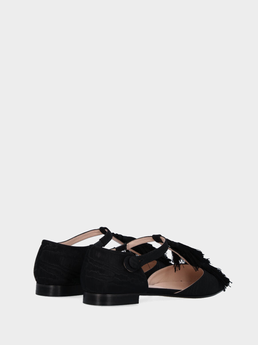 Ballerine noire en tissu shangtung avec pompons