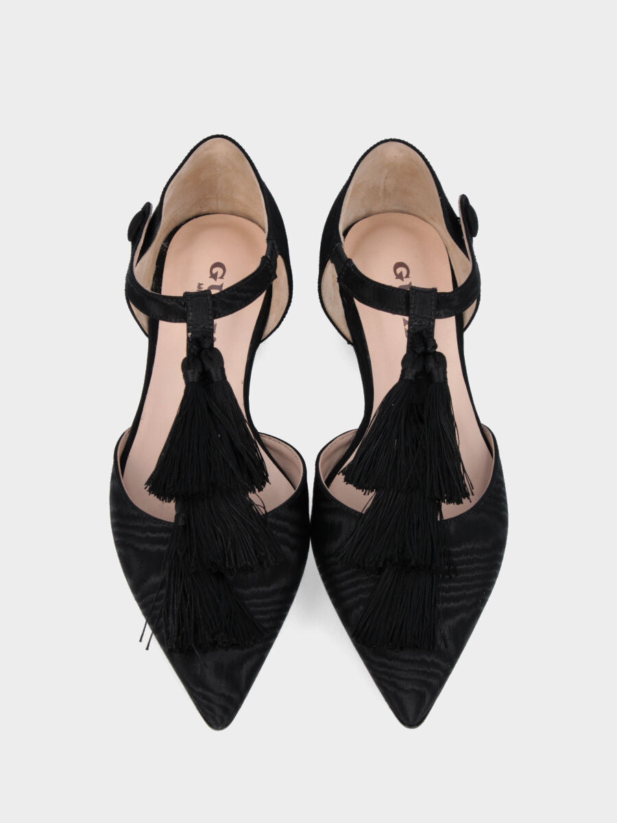Ballerine noire en tissu shangtung avec pompons