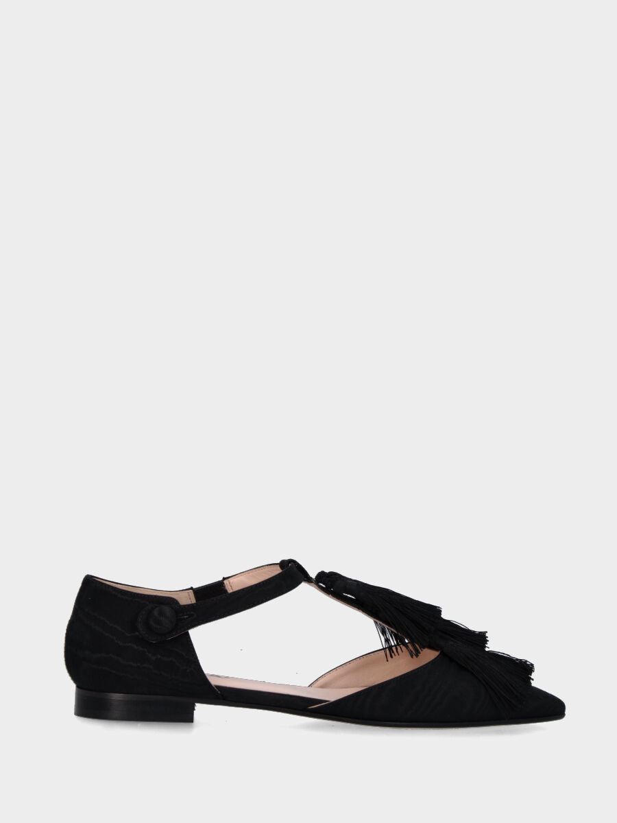 Ballerine noire en tissu shangtung avec pompons