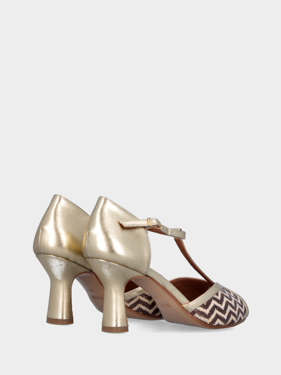 Décolleté modello charleston platino in pelle laminata con intreccio