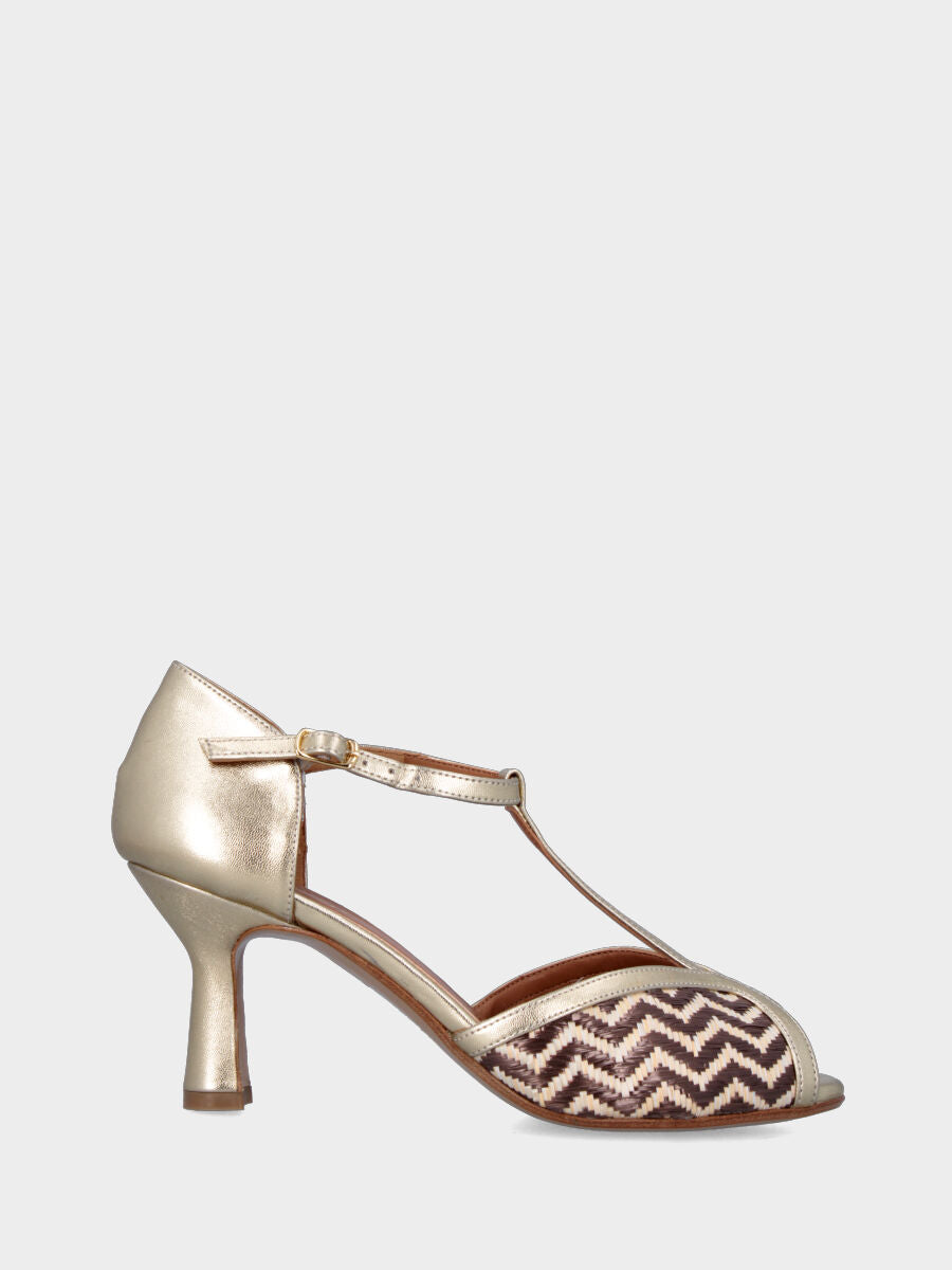 Décolleté modello charleston platino in pelle laminata con intreccio