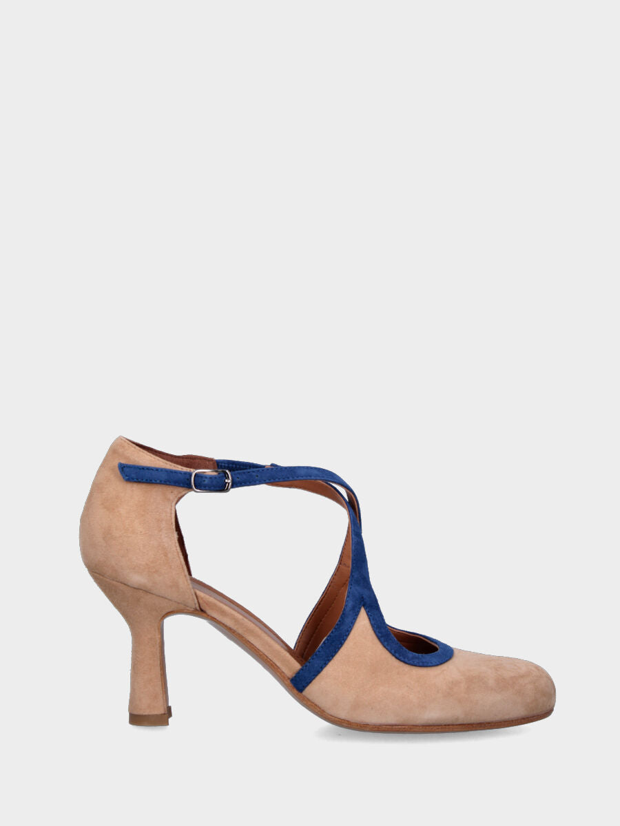 Décolleté bicolore beige in pelle modello charleston profilata con listini incrociati