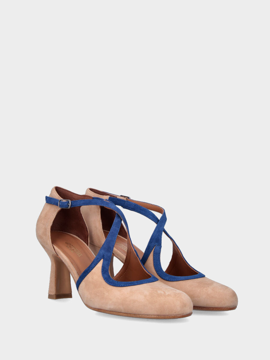 Décolleté bicolore beige in pelle modello charleston profilata con listini incrociati