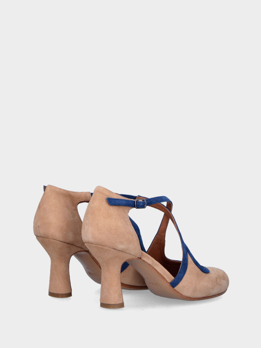 Décolleté bicolore beige in pelle modello charleston profilata con listini incrociati