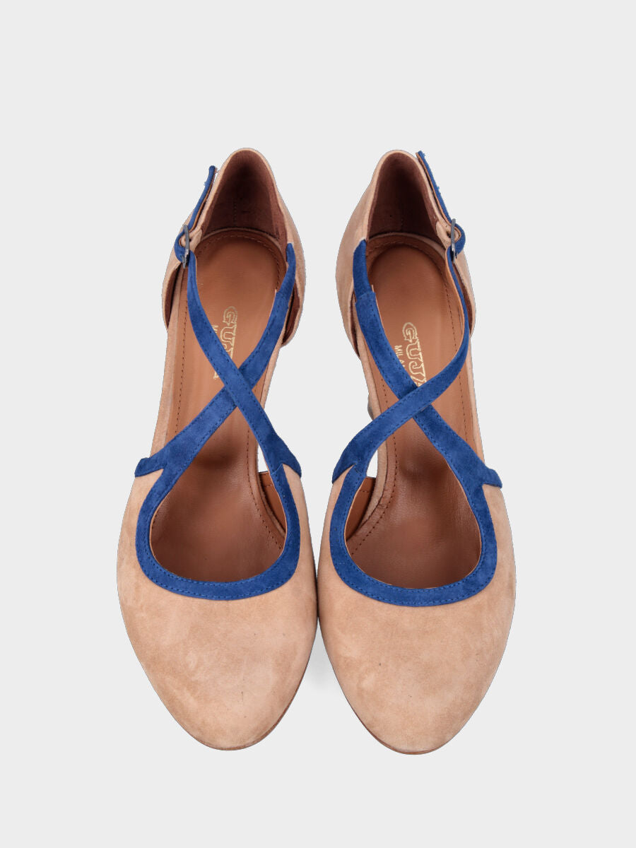 Décolleté bicolore beige in pelle modello charleston profilata con listini incrociati