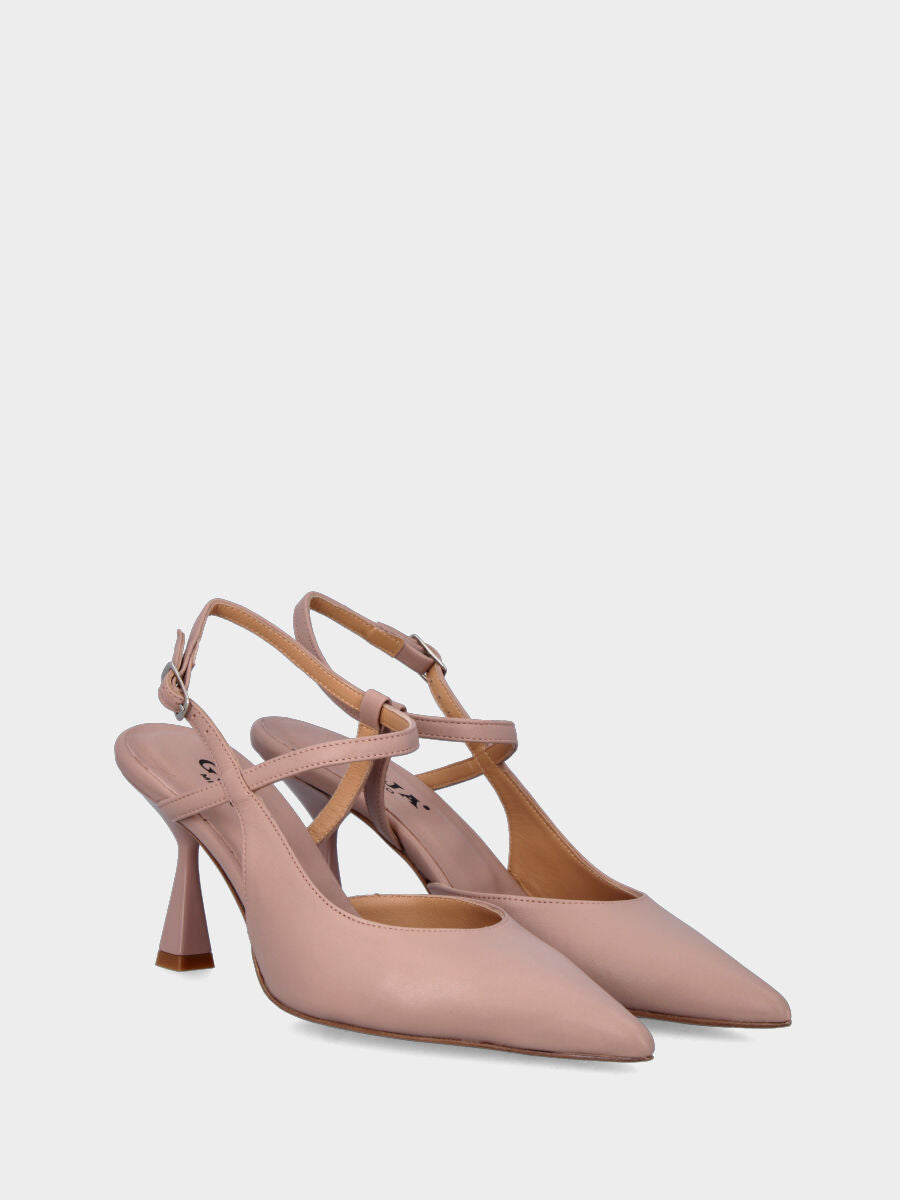 Nude Slingback aus Leder mit spitzer, schmal zulaufender Spitze und asymmetrischem Riemen