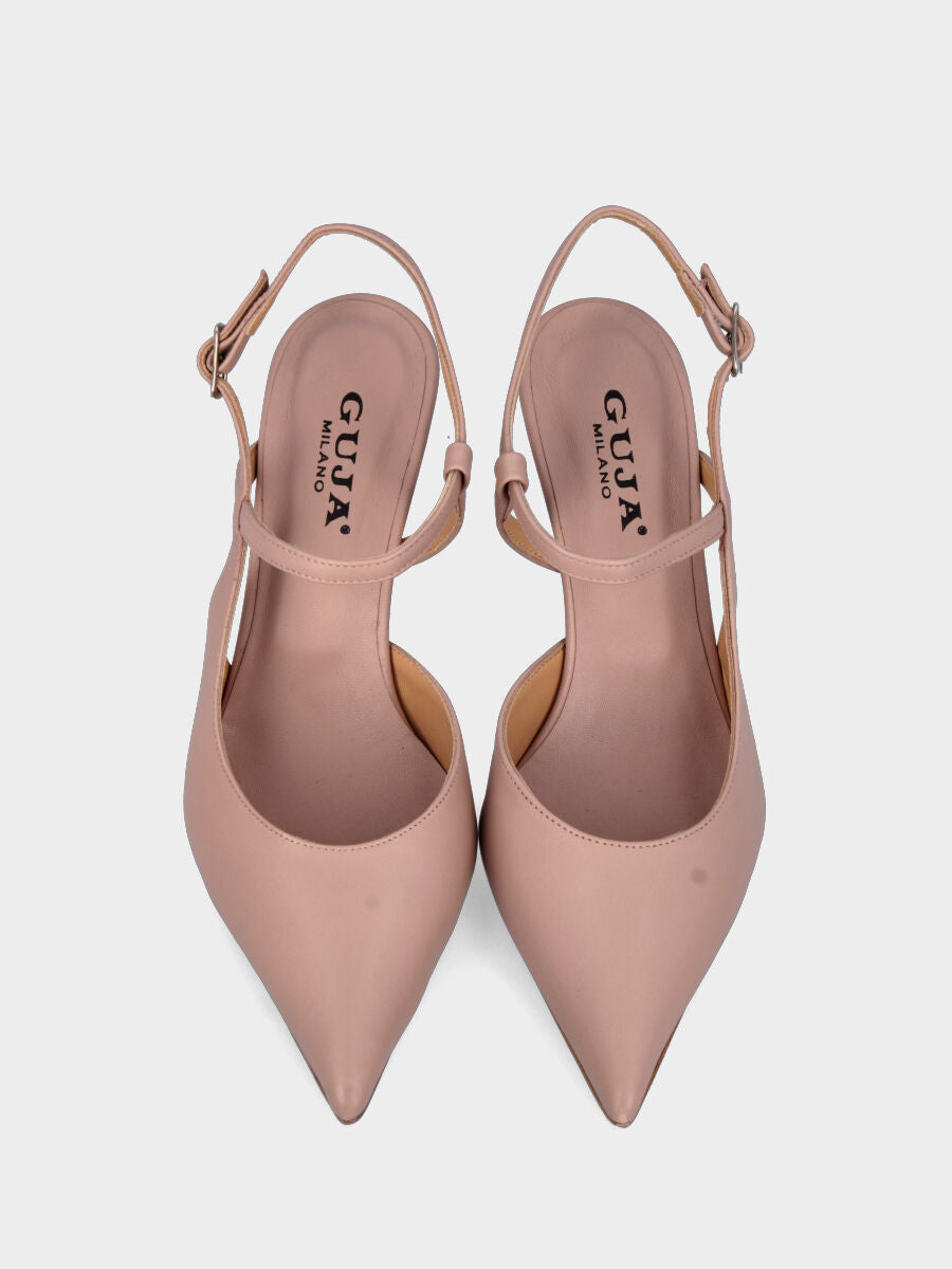 Nude Slingback aus Leder mit spitzer, schmal zulaufender Spitze und asymmetrischem Riemen