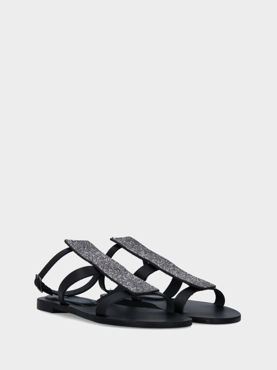 Black high leather sandal with vertical crystal strap