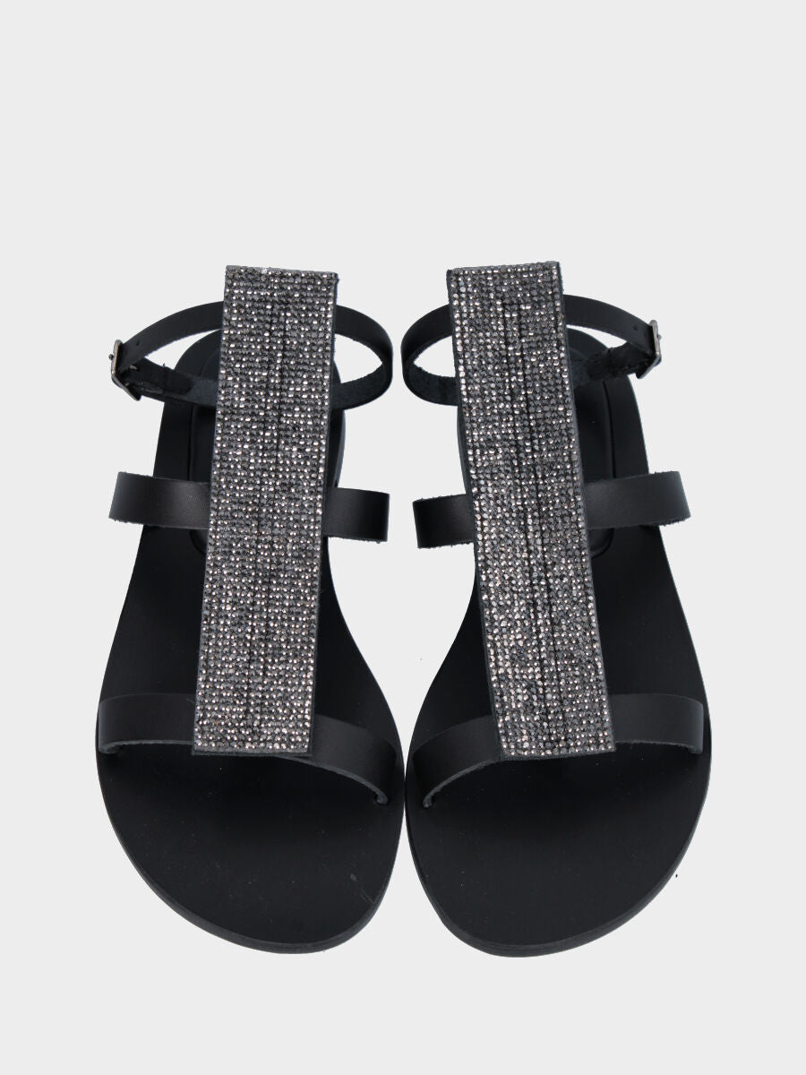 Black high leather sandal with vertical crystal strap