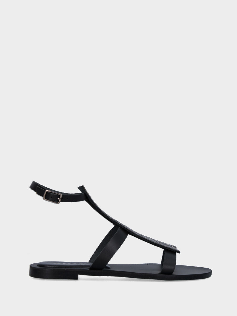 Black high leather sandal with vertical crystal strap
