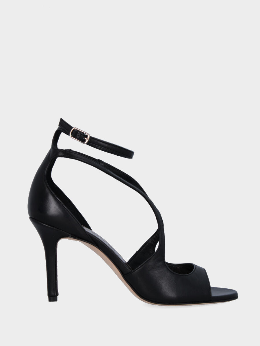 Black leather sandal with wavy straps and double ankle strap