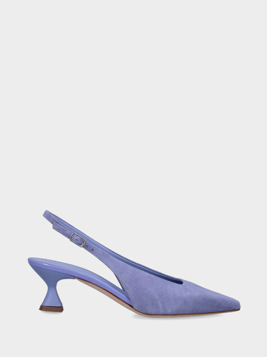 Lavender leather slingback with square neckline and chalice heel