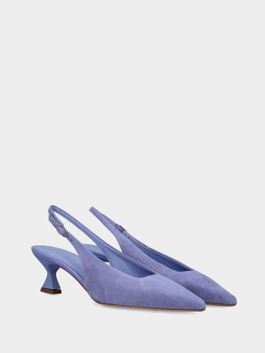 Lavender leather slingback with square neckline and chalice heel