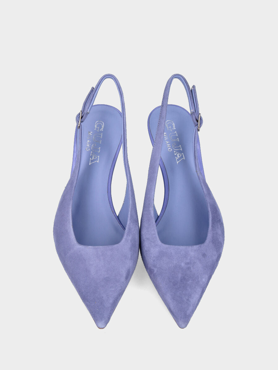 Lavender leather slingback with square neckline and chalice heel