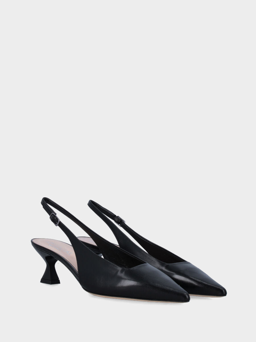 Black leather slingback with square neckline and chalice heel