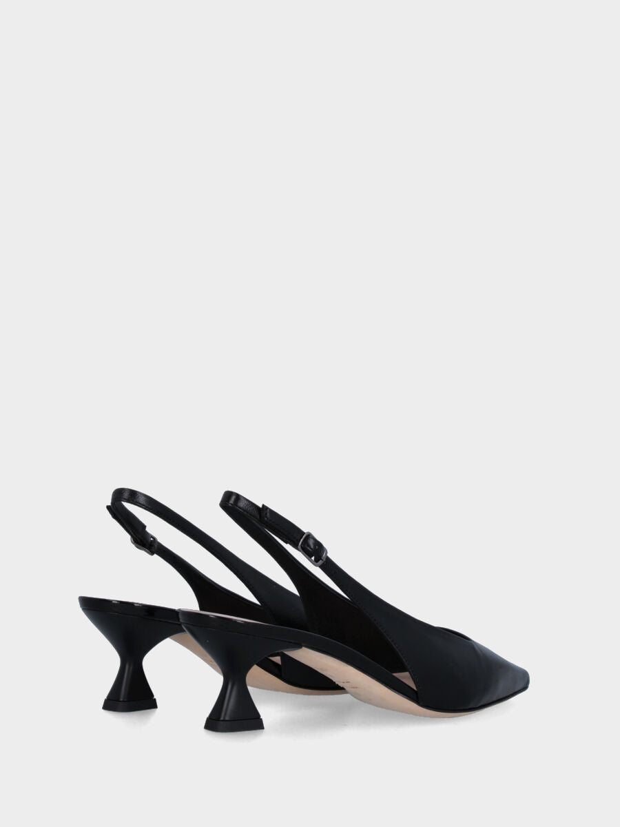 Black leather slingback with square neckline and chalice heel