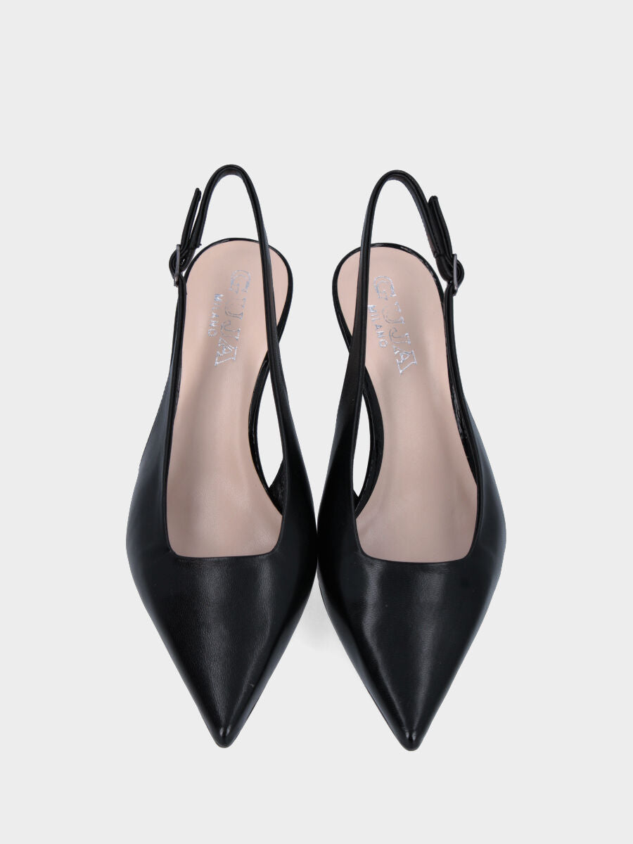 Black leather slingback with square neckline and chalice heel