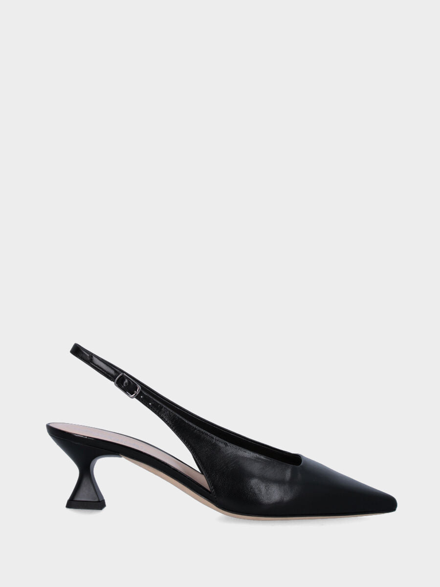 Black leather slingback with square neckline and chalice heel