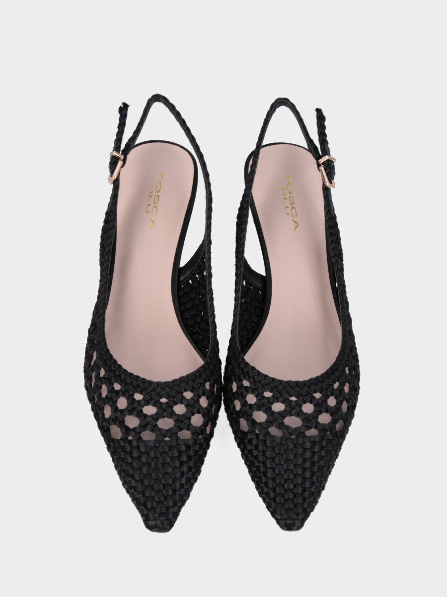 Black slingback in woven perforated fabric