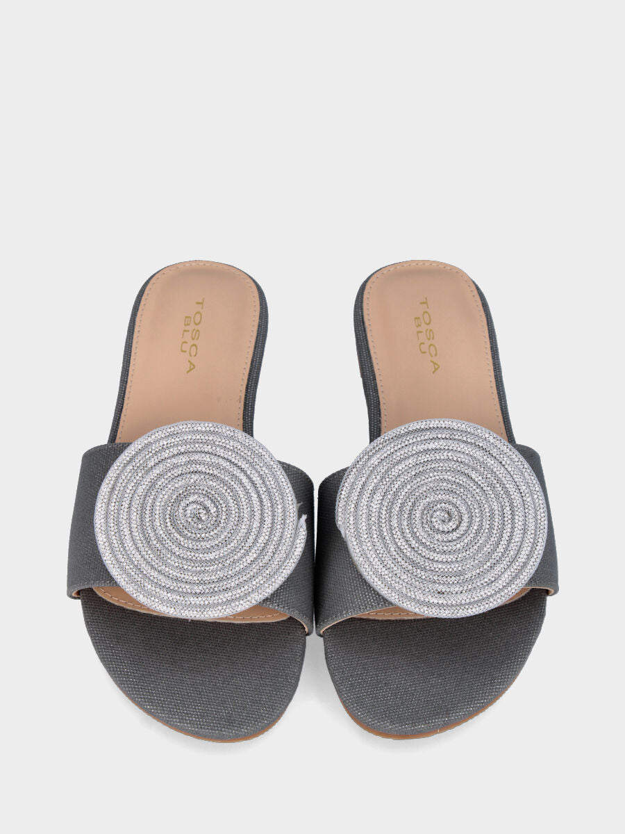 Graue Stoff-Hausschuh mit Kristallscheibe