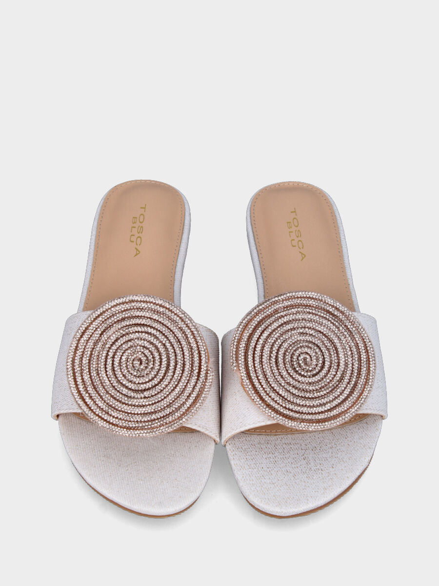 Weiße Stoff-Hausschuh mit Kristallscheibe