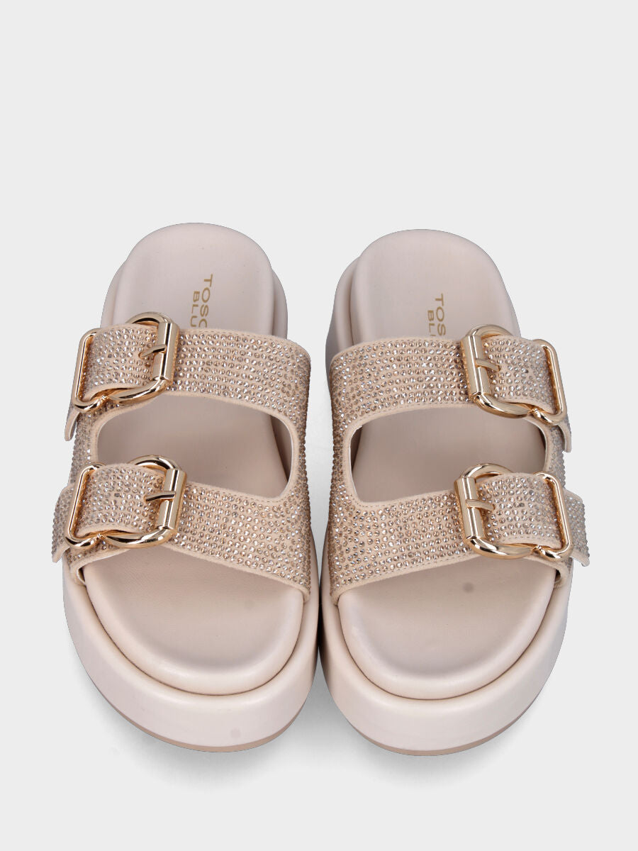 Ciabatta bianca in lurex con doppia fibbia e platform