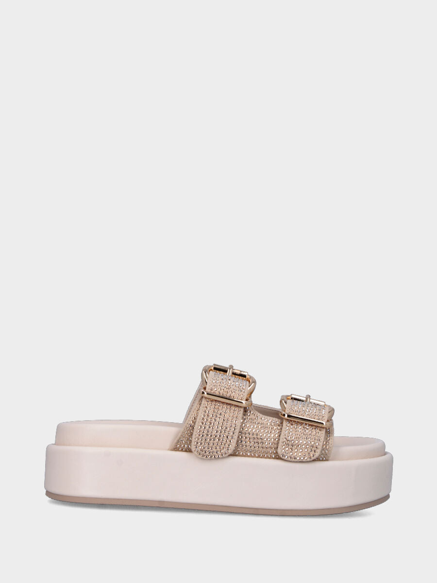 Ciabatta bianca in lurex con doppia fibbia e platform