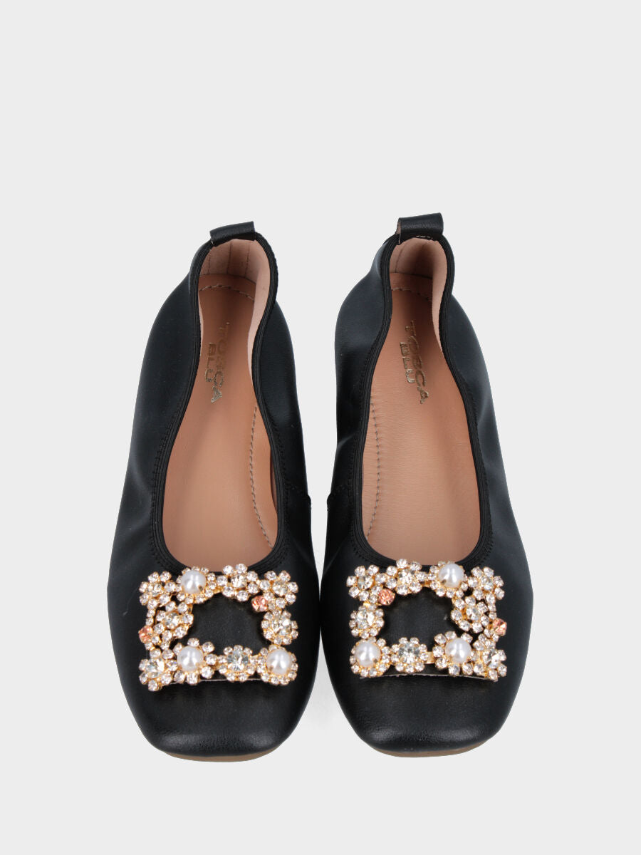 Schwarze Ballerina aus Leder mit runder Spitze und Schmuckstein