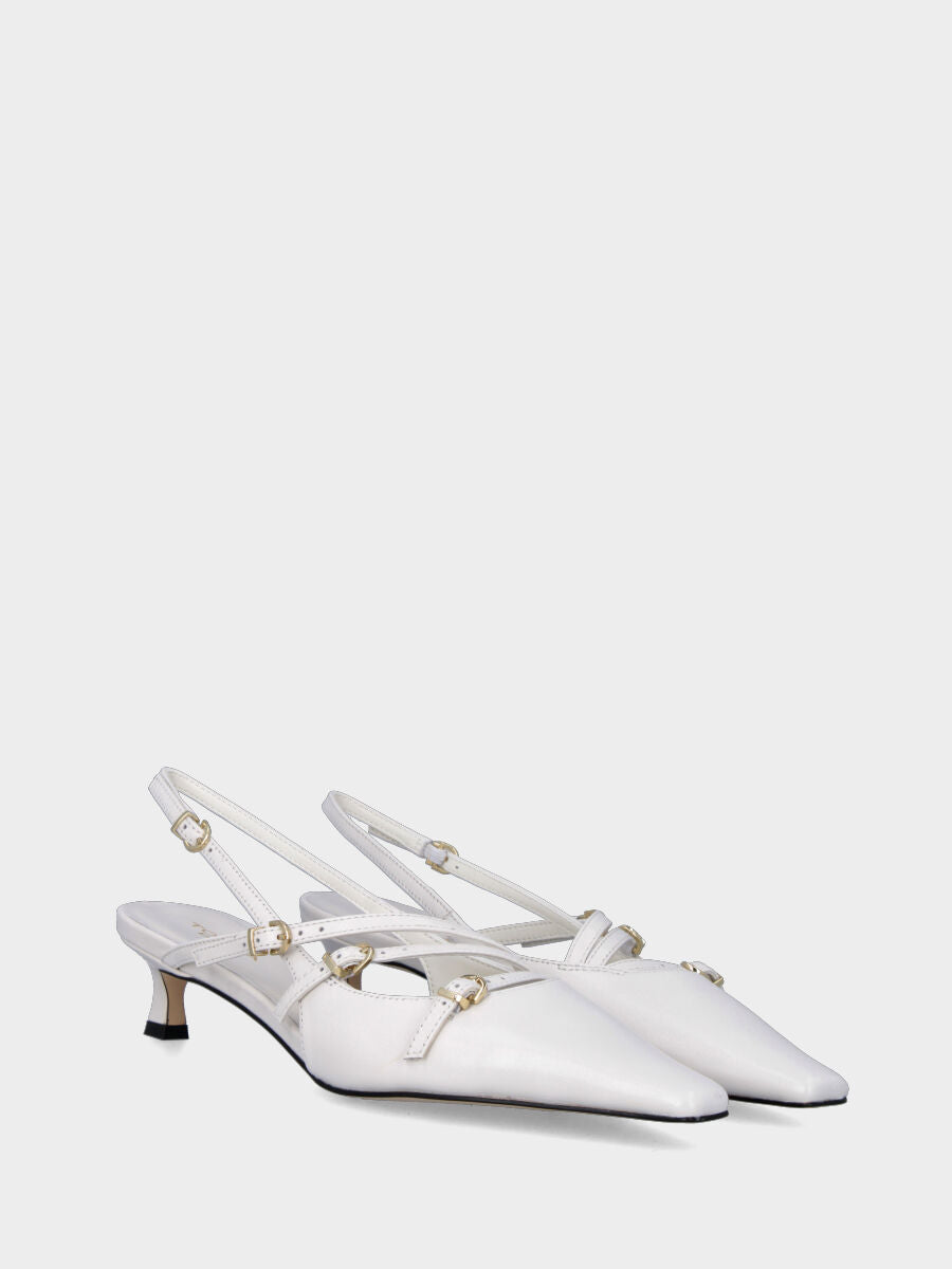 Slingback blanc en cuir à bout carré avec brides