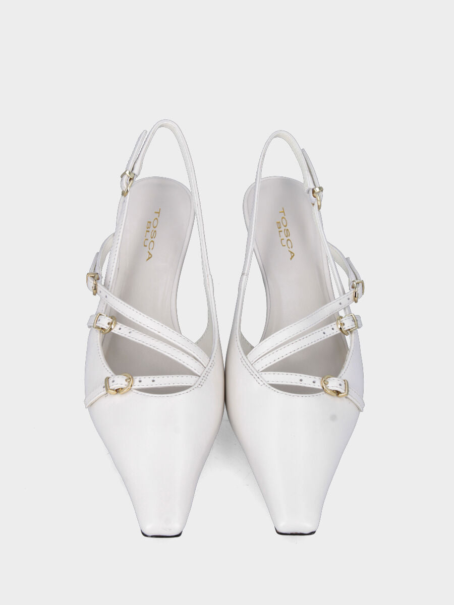 Slingback blanc en cuir à bout carré avec brides