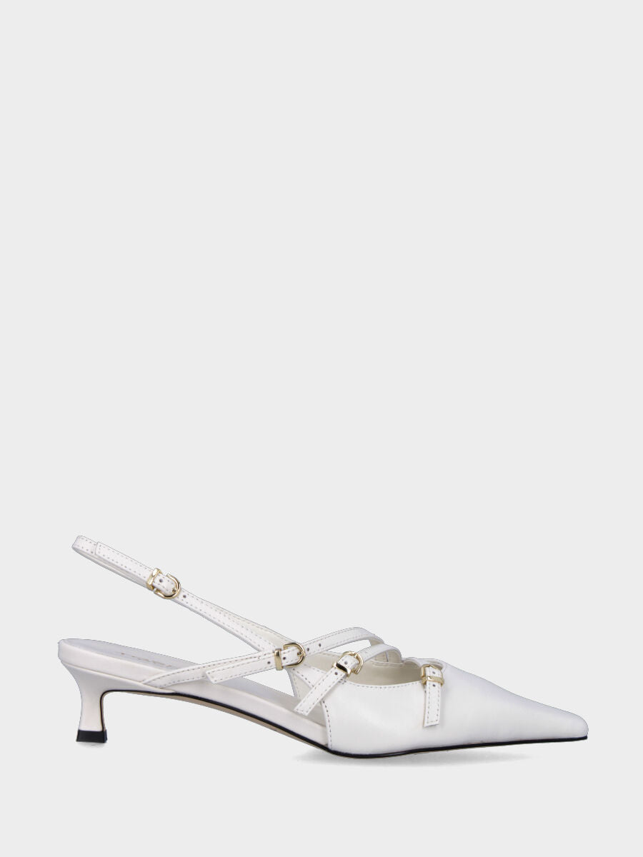 Slingback blanc en cuir à bout carré avec brides