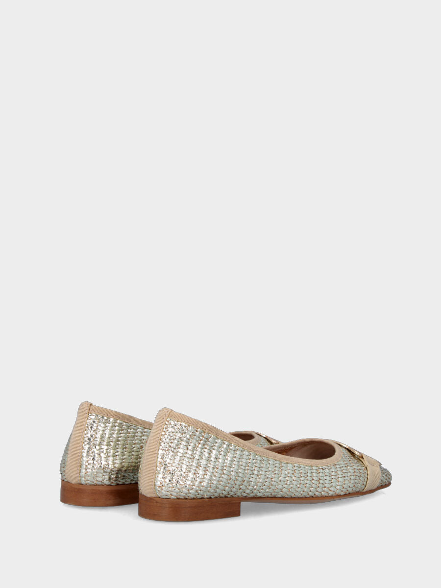 Ballerina Platin aus geflochtener Raffia mit Metallaccessoire