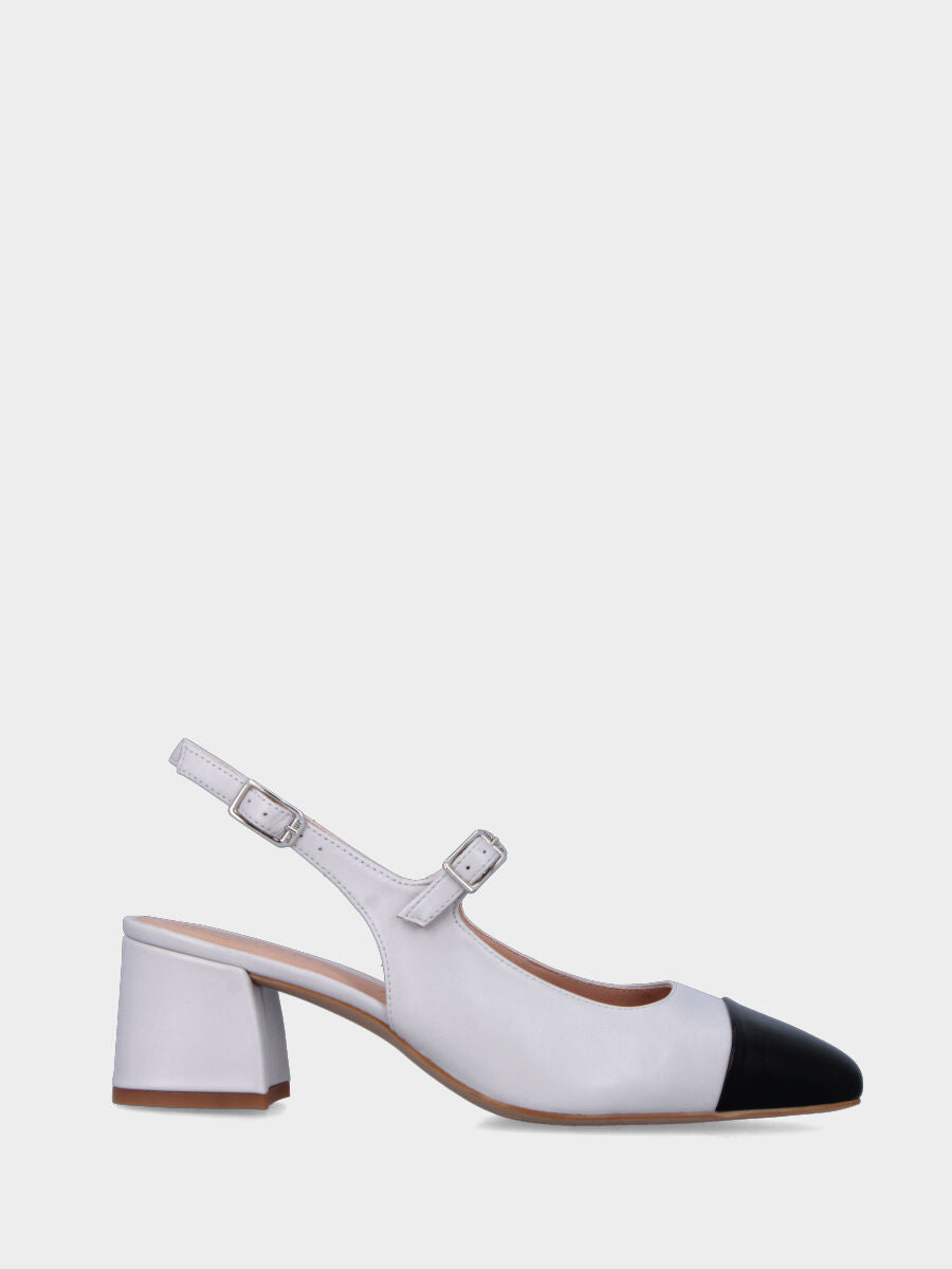Escarpin slingback blanc en cuir avec bout carré noir
