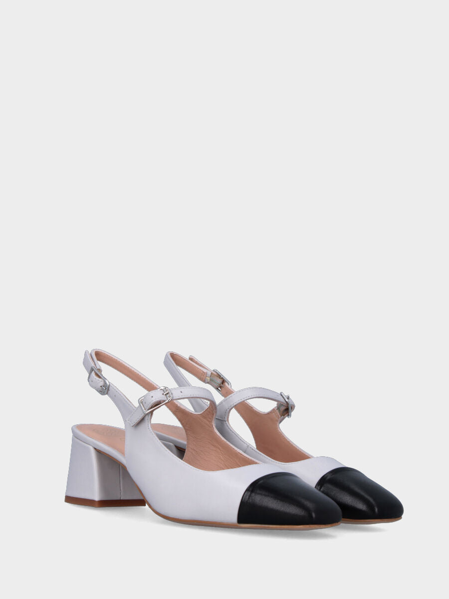 Escarpin slingback blanc en cuir avec bout carré noir
