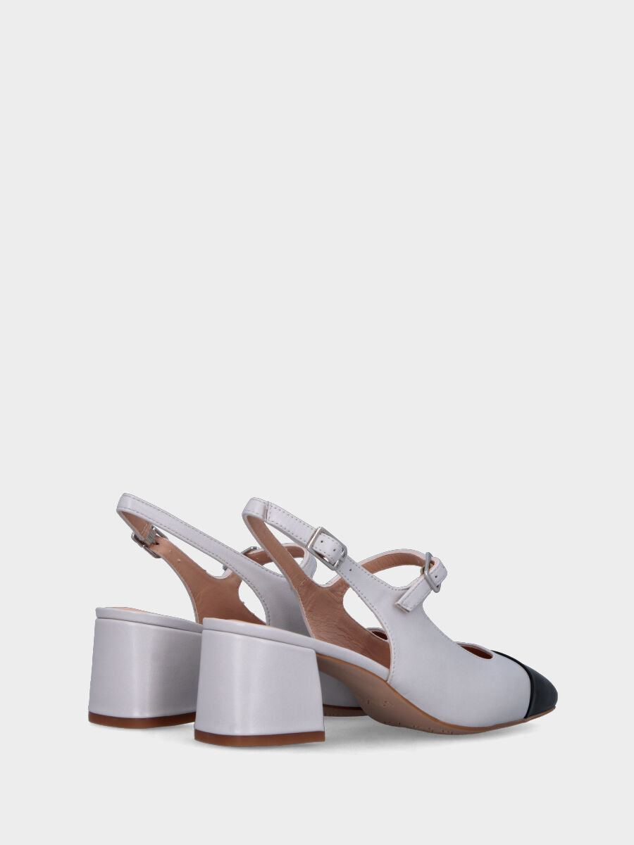Escarpin slingback blanc en cuir avec bout carré noir
