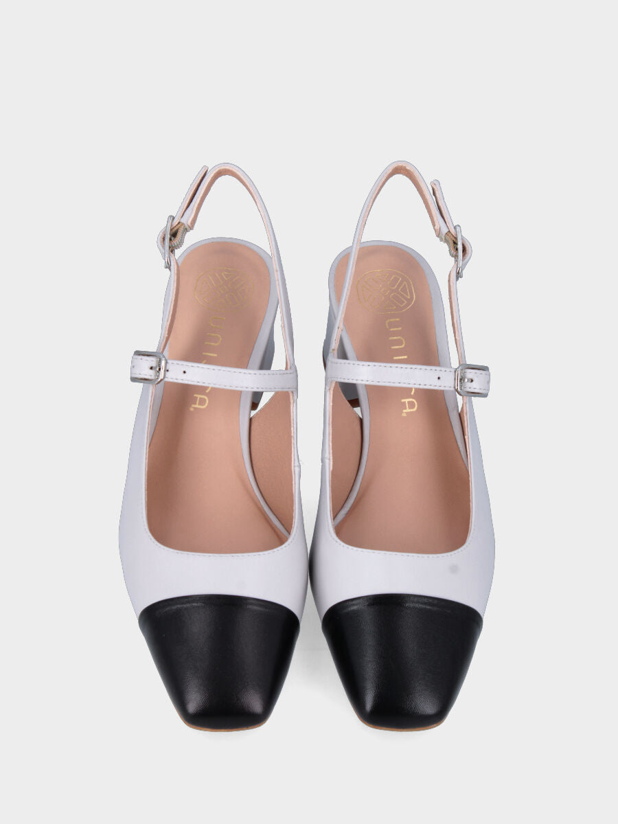 Escarpin slingback blanc en cuir avec bout carré noir