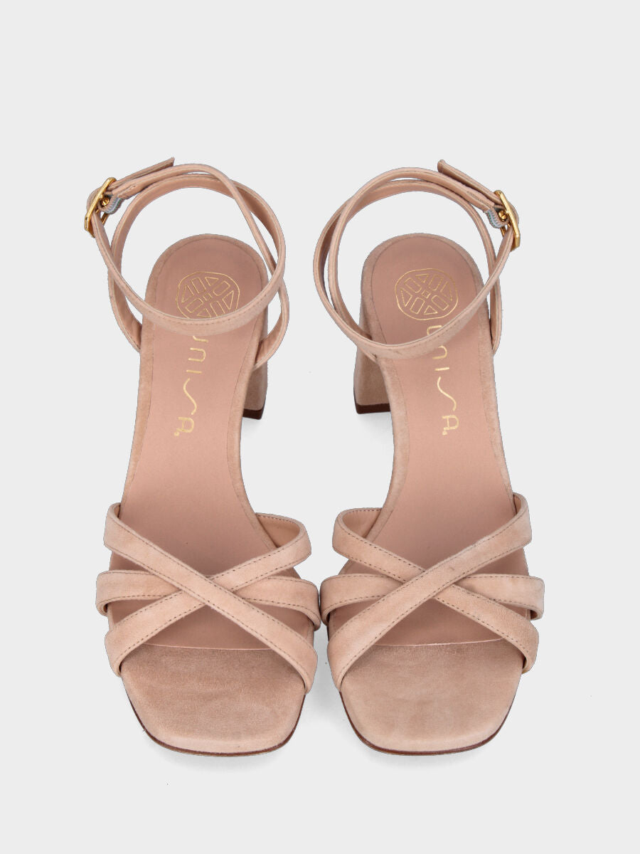 Sandalo beige in pelle con listini incrociati e cinturino alla caviglia